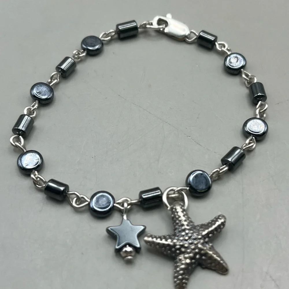 Handmade Sterling Silver & Hematite Starfish Beaded Charm Bracelet